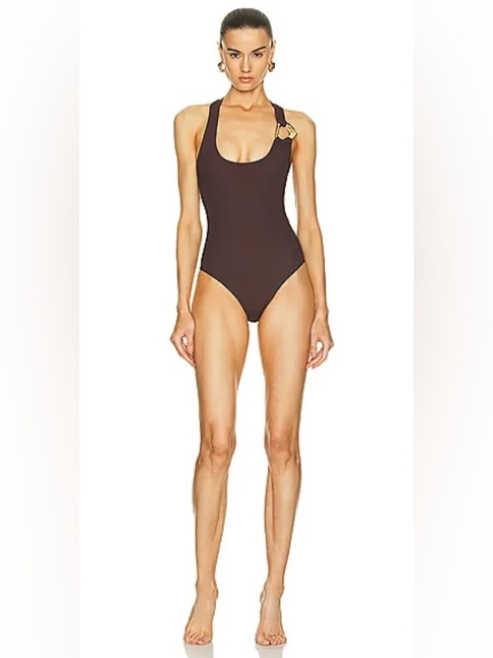 Salvatore Ferragamo Brown One-Piece Swimsuit with Gold Ring/Heart Detail - Picture 3 of 3